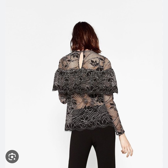Zara women’s sheer lace black white blouse sz medium - Picture 2 of 8
